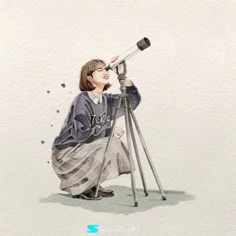 手持望远镜的女性水彩插画（图 1）