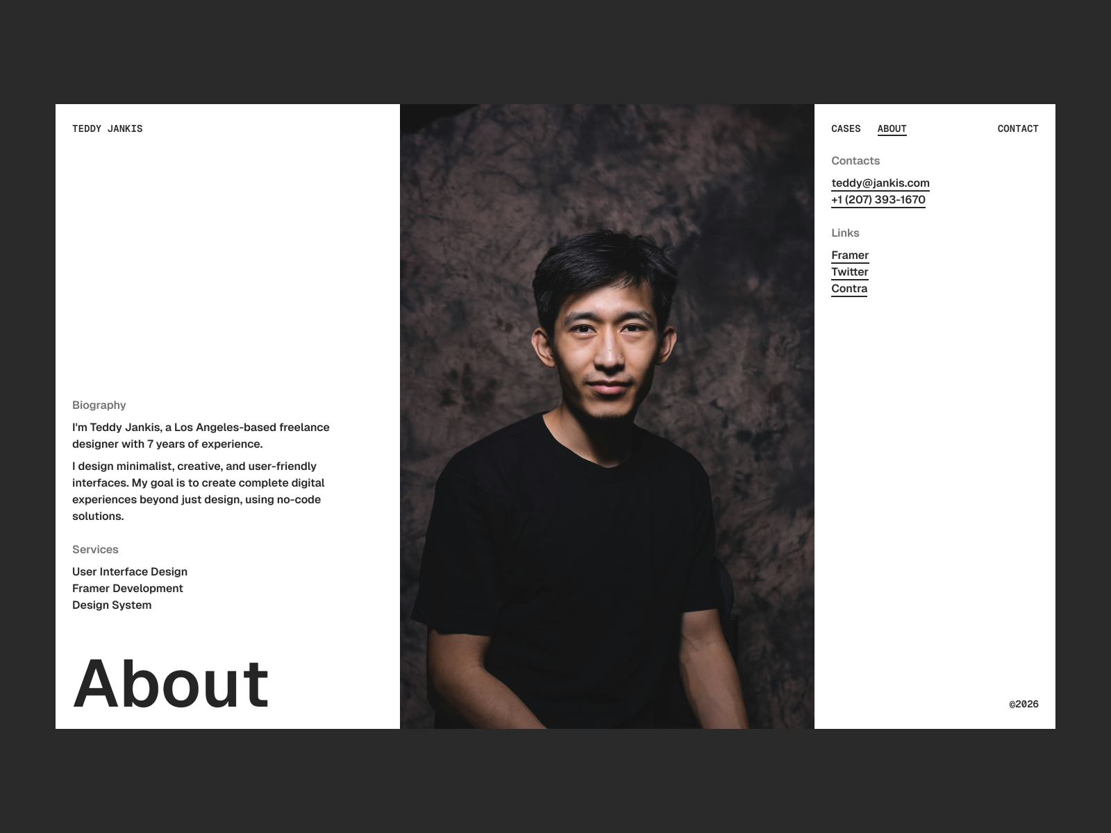 黑白极简现代作品集网站设计灵感，设计工作室、作品集 Framer 网站模板详情图 3