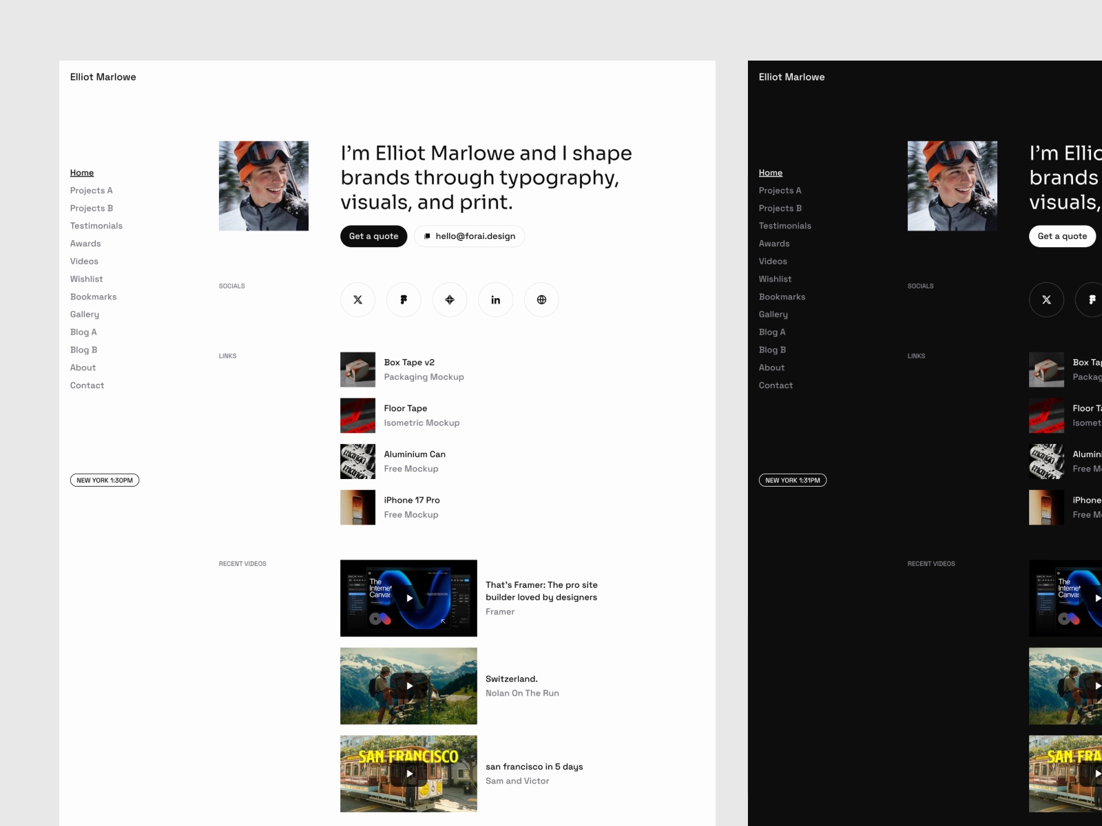 黑白极简专业作品集网站设计灵感，作品集 Framer 网站模板详情图 2