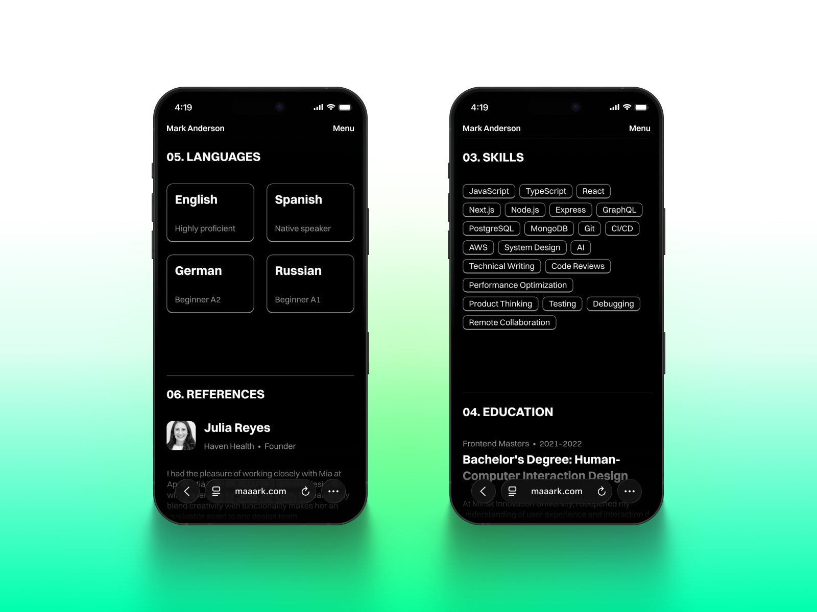 高级暗黑现代作品集网站设计灵感，作品集 Framer 网站模板详情图 4