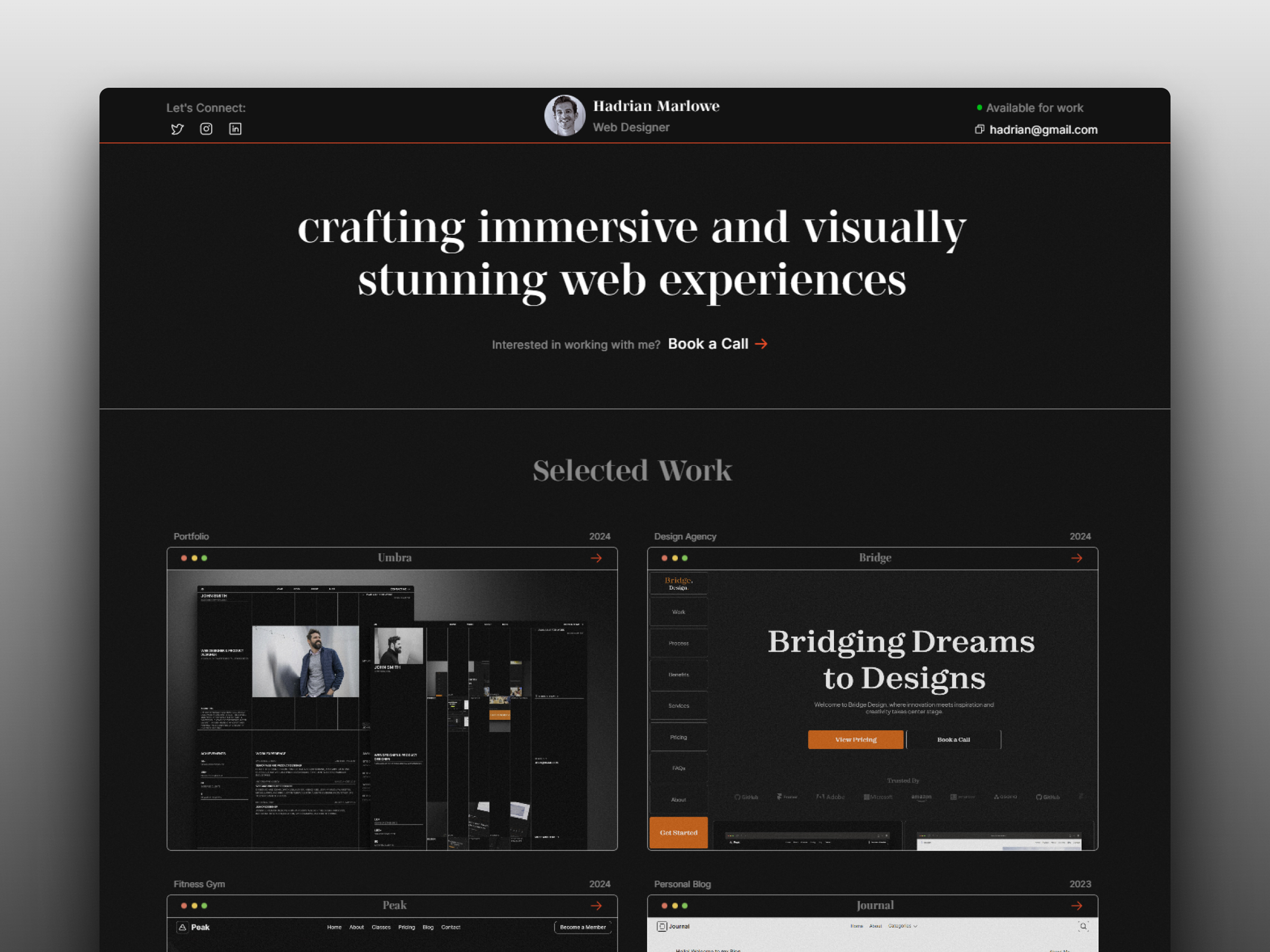 高级暗黑极简作品集网站设计灵感，作品集 Framer 网站模板详情图 1