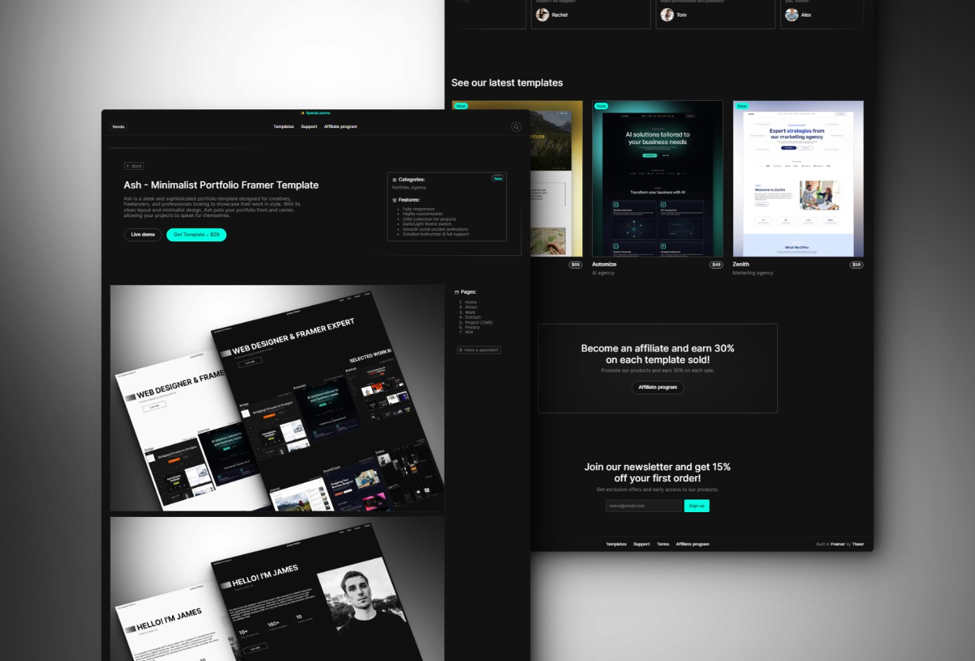 高级暗黑黑白极简电商网站设计灵感，电商、作品集 Framer 网站模板详情图 2