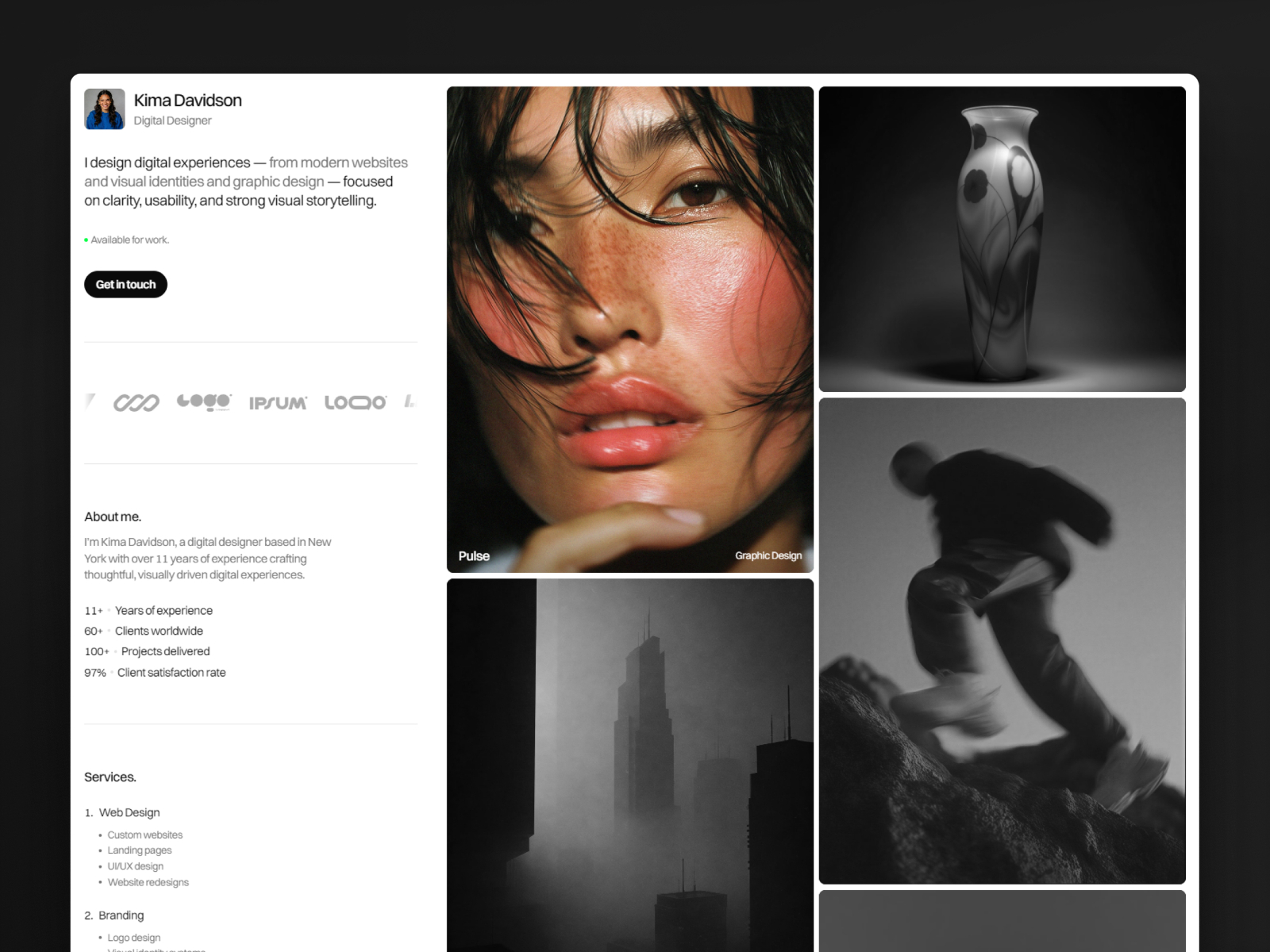黑白极简现代作品集网站设计灵感，作品集 Framer 网站模板详情图 2
