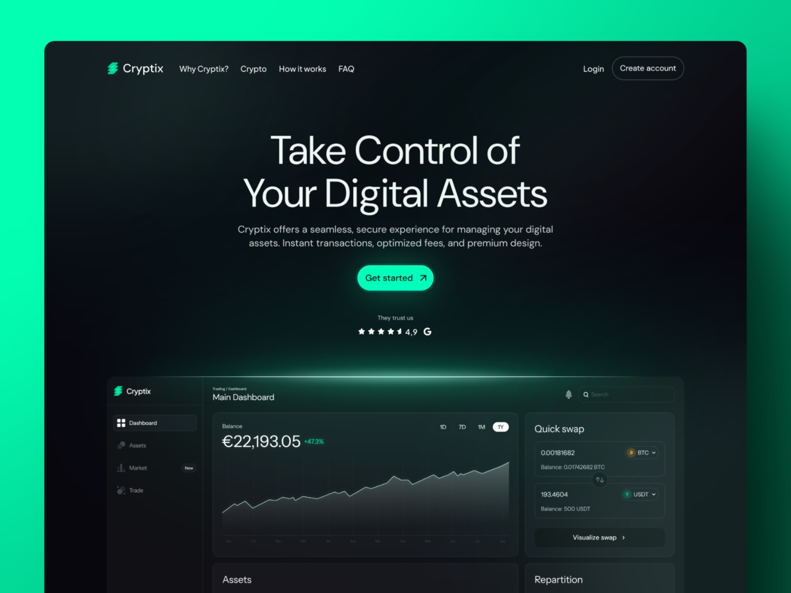 高级暗黑现代 Web3 项目官网设计灵感，Web3、金融科技 Framer 网站模板详情图 1