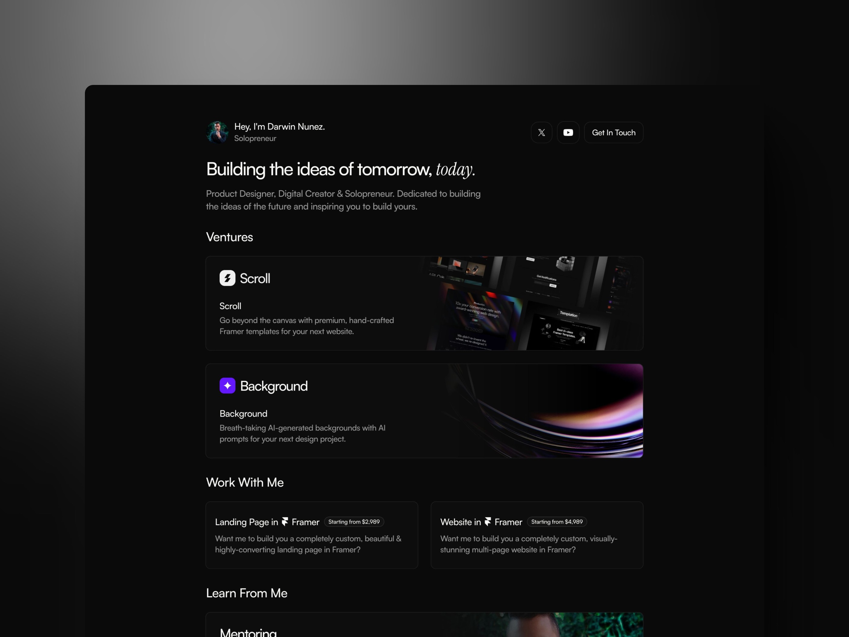 高级暗黑现代作品集网站设计灵感，作品集 Framer 网站模板详情图 1