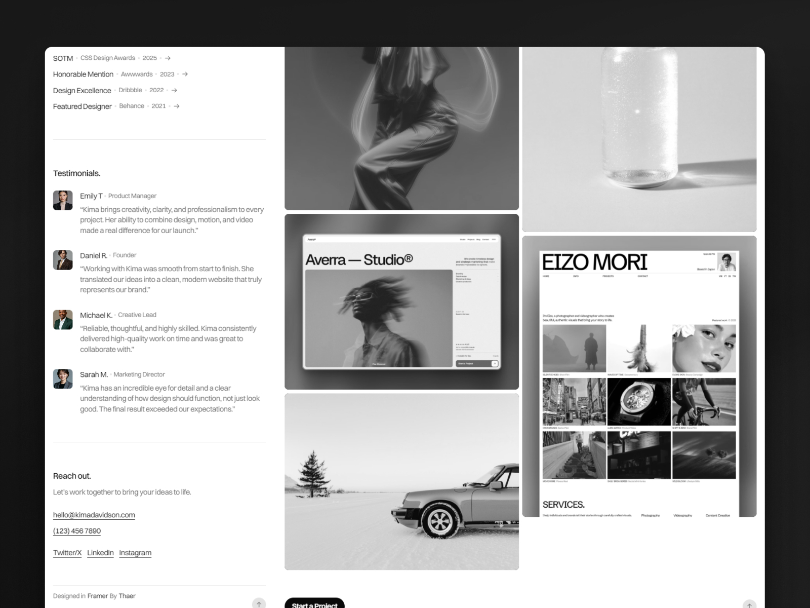 黑白极简现代作品集网站设计灵感，作品集 Framer 网站模板详情图 4