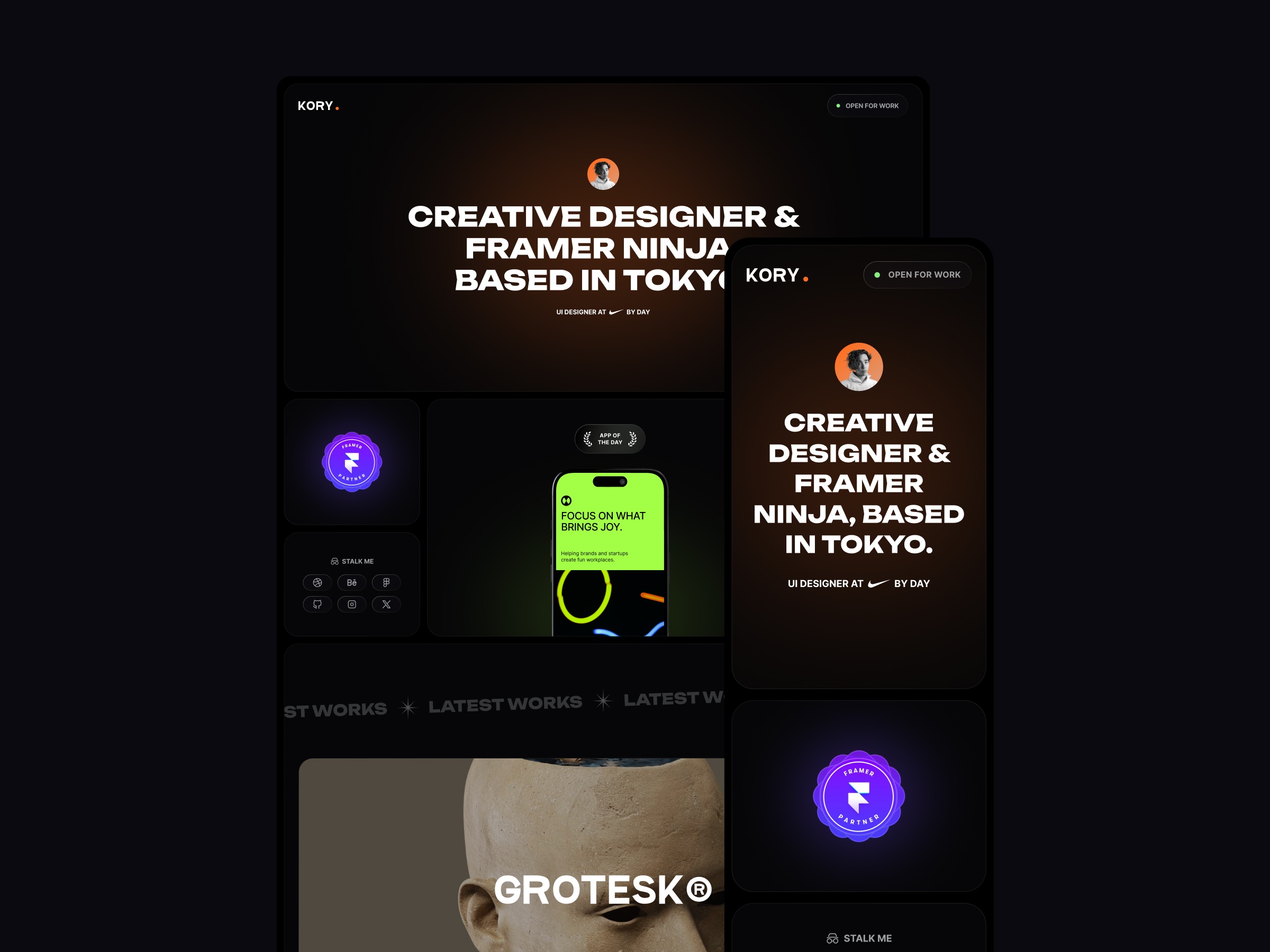 高级暗黑现代创意机构官网设计灵感，设计工作室、作品集 Framer 网站模板详情图 4