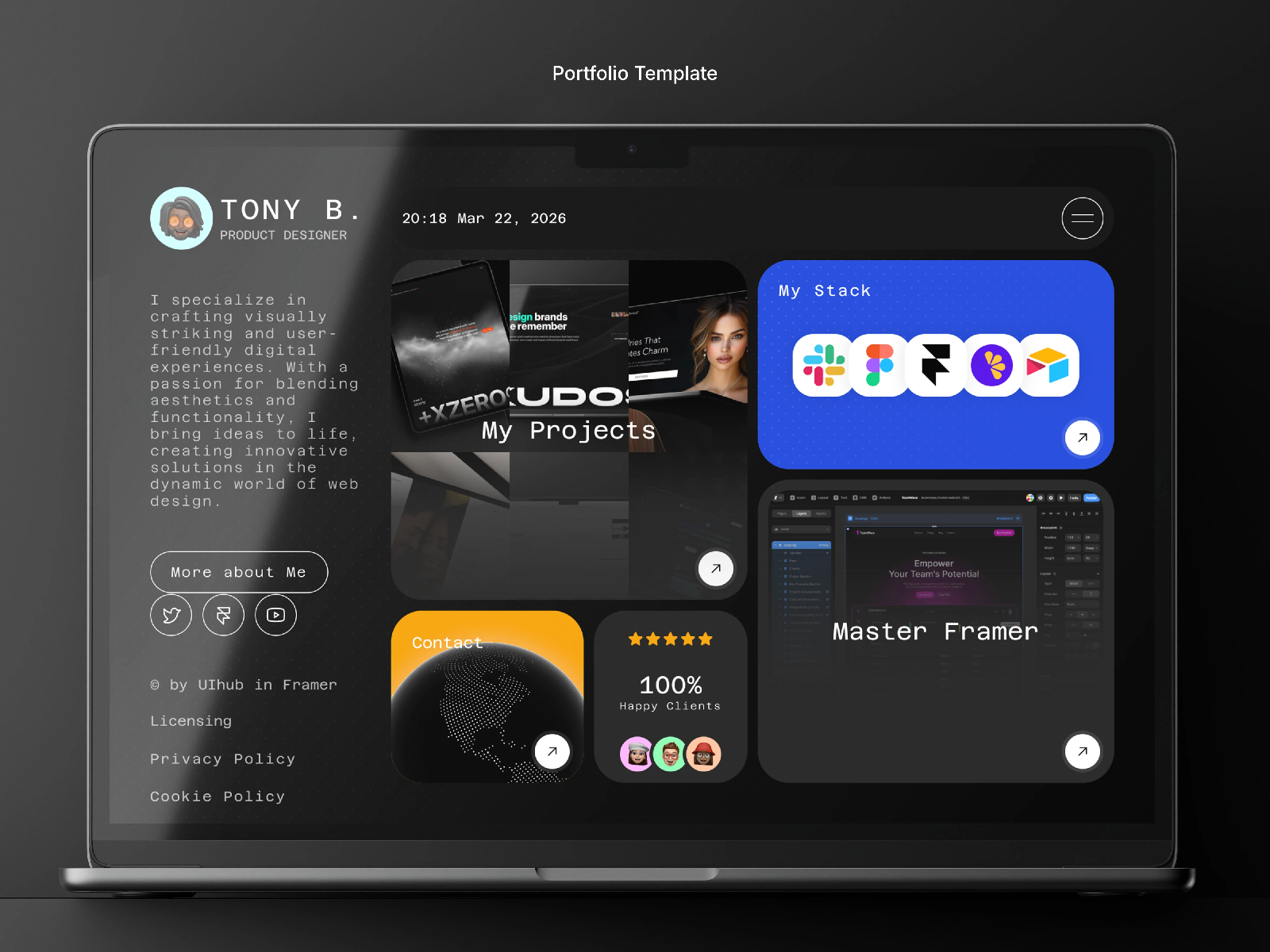高级暗黑专业创意机构官网设计灵感，设计工作室、作品集 Framer 网站模板详情图 1
