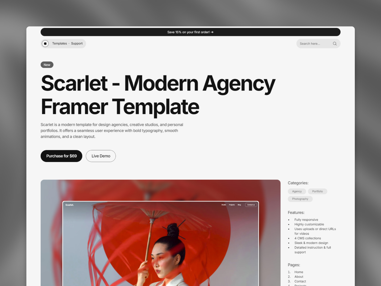 黑白极简现代电商网站设计灵感，电商、作品集 Framer 网站模板详情图 3