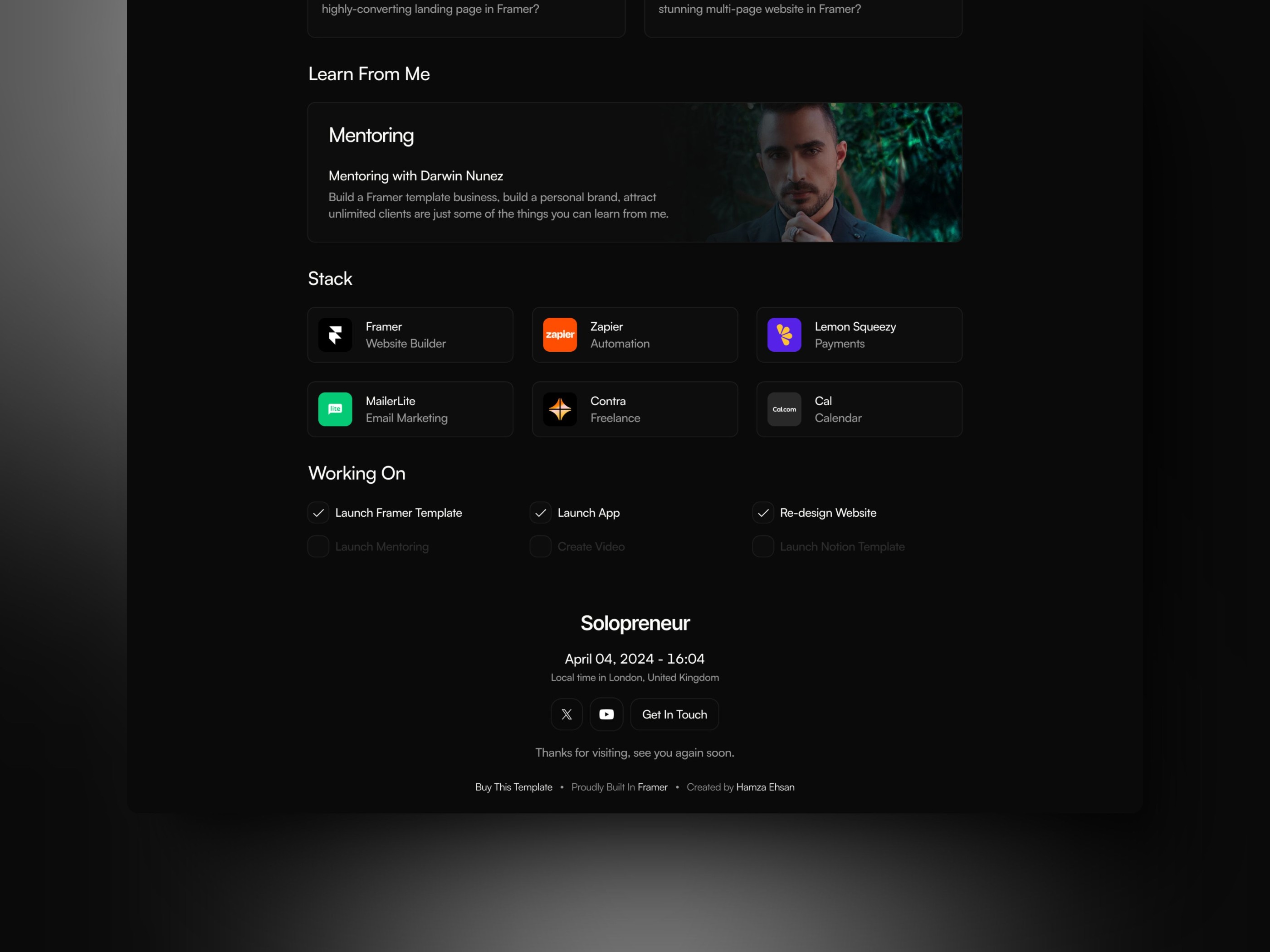 高级暗黑现代作品集网站设计灵感，作品集 Framer 网站模板详情图 3