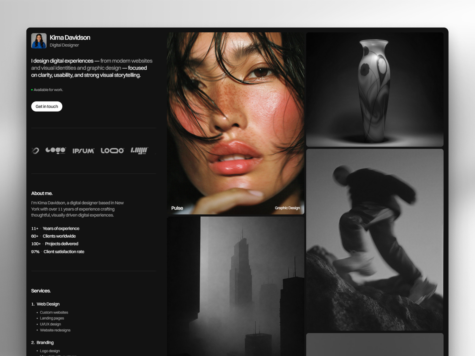 黑白极简现代作品集网站设计灵感，作品集 Framer 网站模板详情图 1